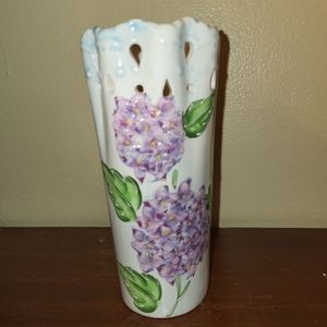 WHITE FLORAL VASE, Reticulated with Blue Glaze. Hand Painted Purple Hyacinths